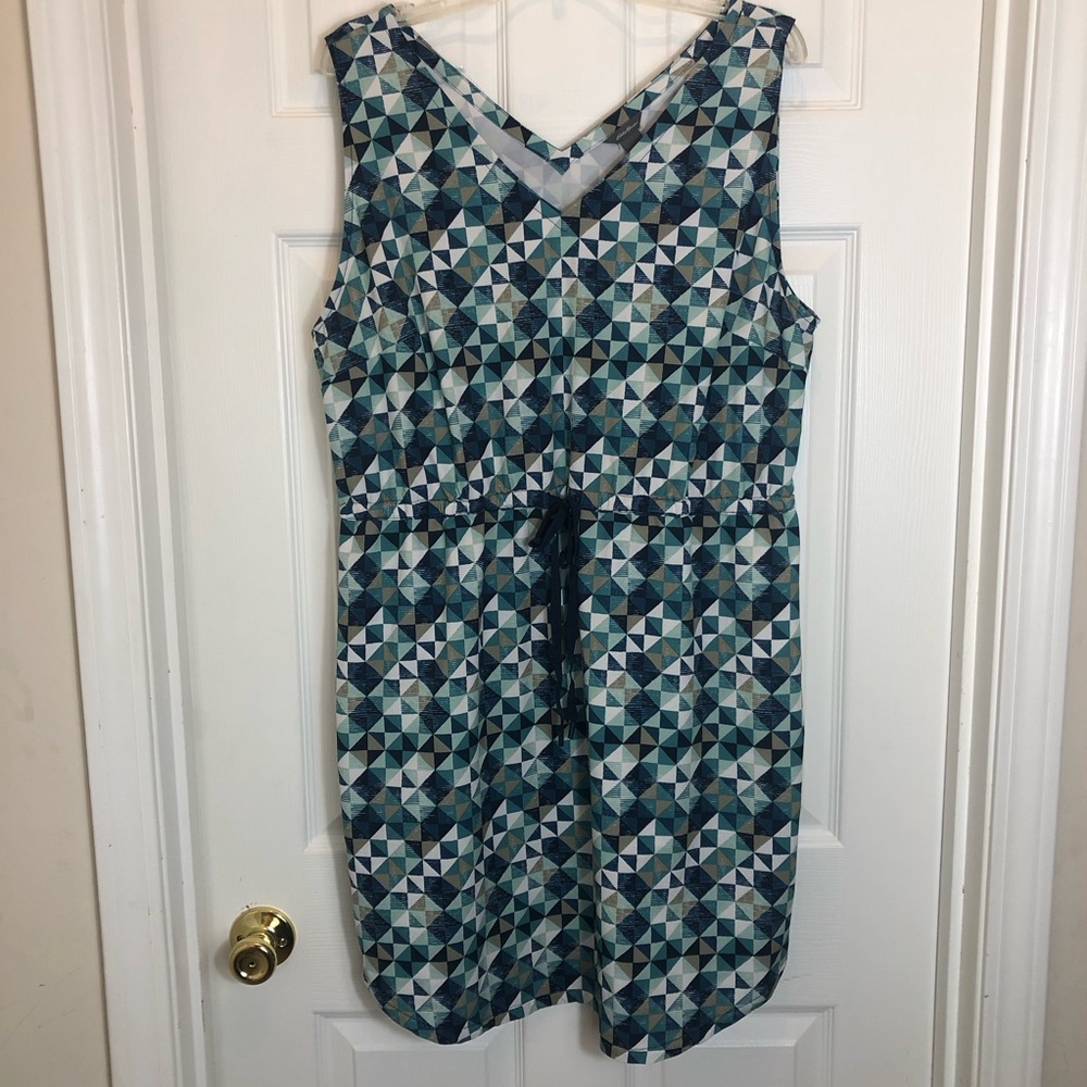 Eddie Bauer Blue and Green Geometric Dress, Sleeveless V-Neck Size XL